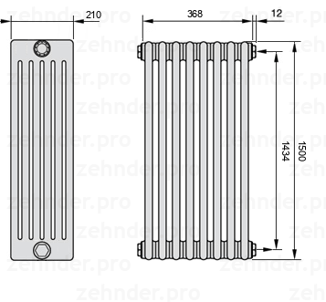 Схема (чертеж) Радиатор Zehnder Charleston 6150/8 №7610 Белый глянцевый RAL 9016